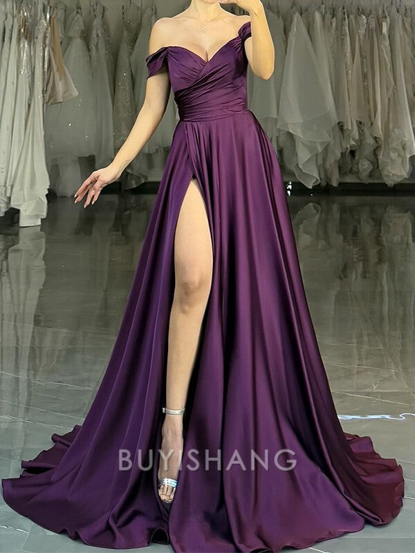 Buyishang Simple A-line Off-the-Shoulder Pleated Sweep Train Silk Like Satin Dress