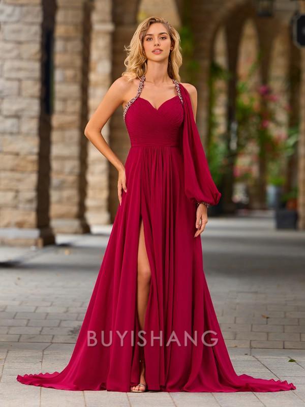 Buyishang Simple A-line One-Shoulder Long Sleeves Beading Sweep Train Chiffon Dress formal wear dresses
