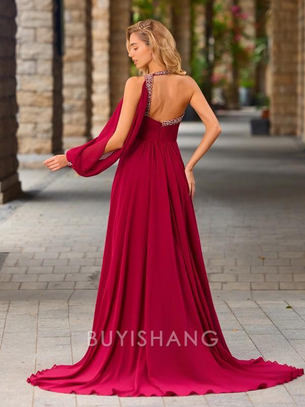 Buyishang Simple A-line One-Shoulder Long Sleeves Beading Sweep Train Chiffon Dress formal wear dresses