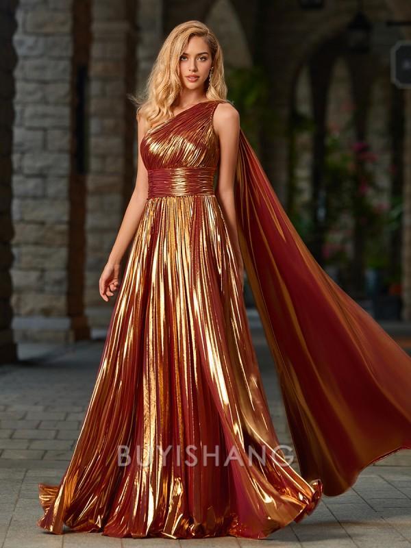 Buyishang Simple A-line One-Shoulder Pleated Floor-Length Metallic Satin Dress formal wear dresses