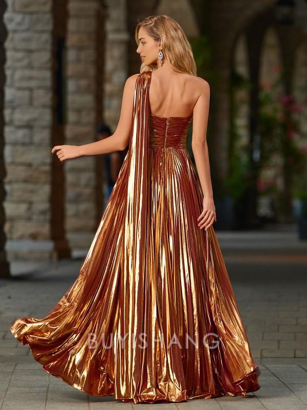 Buyishang Simple A-line One-Shoulder Pleated Floor-Length Metallic Satin Dress formal wear dresses