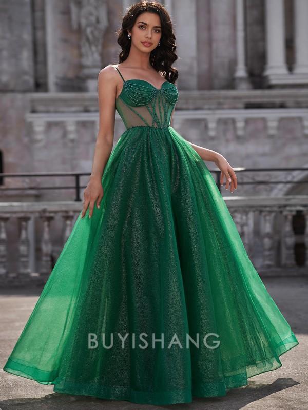 Buyishang Simple A-line Spaghetti Straps Floor-Length Corset Dress