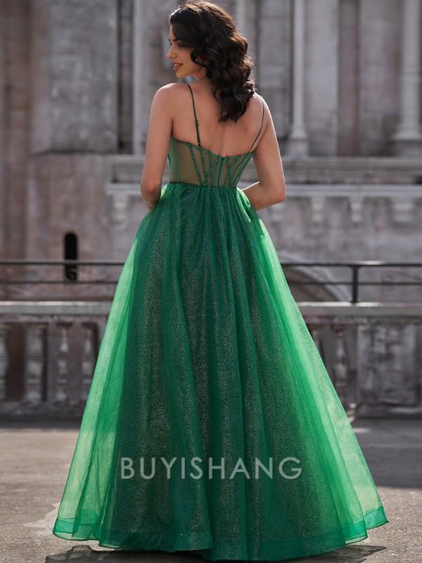 Buyishang Simple A-line Spaghetti Straps Floor-Length Corset Dress