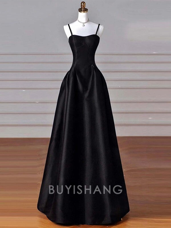 Buyishang Simple A-line Spaghetti Straps Ruffles Floor-Length Satin Dress formal wear dresses