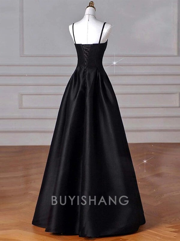 Buyishang Simple A-line Spaghetti Straps Ruffles Floor-Length Satin Dress formal wear dresses