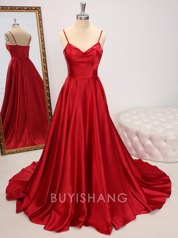 Buyishang Simple A-line Spaghetti Straps Sweep Train Silk Like Satin Dress formal wear dresses
