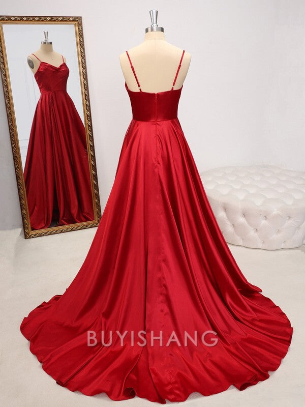 Buyishang Simple A-line Spaghetti Straps Sweep Train Silk Like Satin Dress formal wear dresses