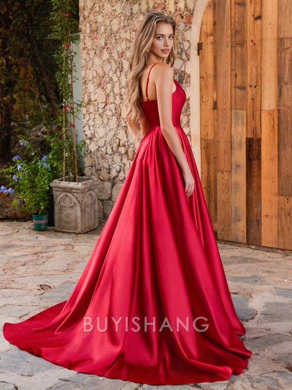 Buyishang Simple A-line Spaghetti Straps Sweep Train Silk Like Satin Dress formal wear dresses