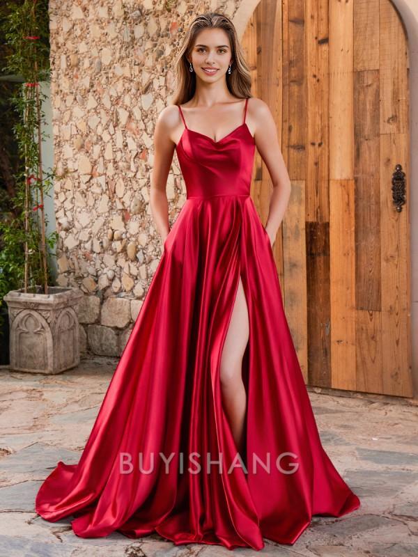 Buyishang Simple A-line Spaghetti Straps Sweep Train Silk Like Satin Dress formal wear dresses