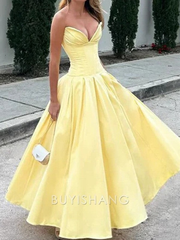 Buyishang Simple A-line Sweetheart Pleated Ankle-Length Satin Corset Dress