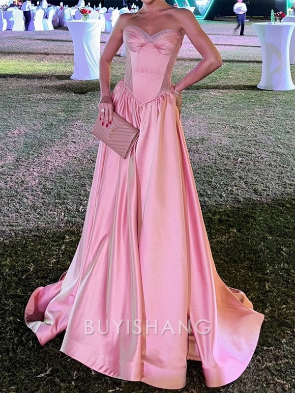 Buyishang Simple A-line Sweetheart Pleated Sweep Train Satin Corset Dress formal wear dresses