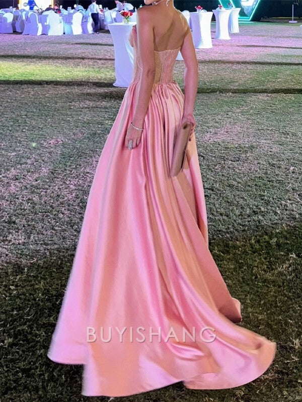 Buyishang Simple A-line Sweetheart Pleated Sweep Train Satin Corset Dress formal wear dresses