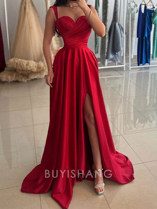 Buyishang Simple A-line Sweetheart Pleated Sweep Train Silk Like Satin Dress formal wear dresses