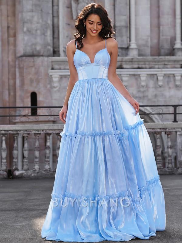 Buyishang Simple A-line V-neck Ruffles Floor-Length Corset Dress
