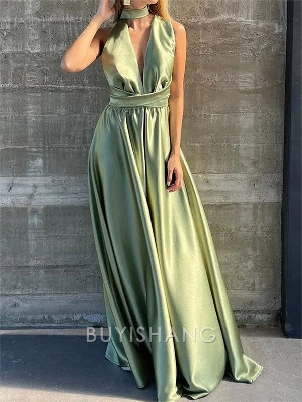 Buyishang Simple A-line V-neck Ruffles Floor-Length Silk Like Satin Dress