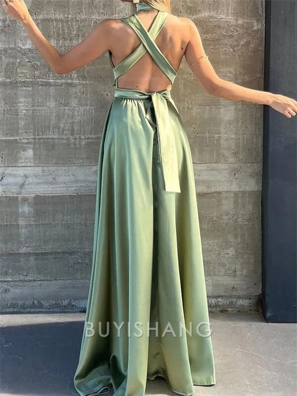 Buyishang Simple A-line V-neck Ruffles Floor-Length Silk Like Satin Dress