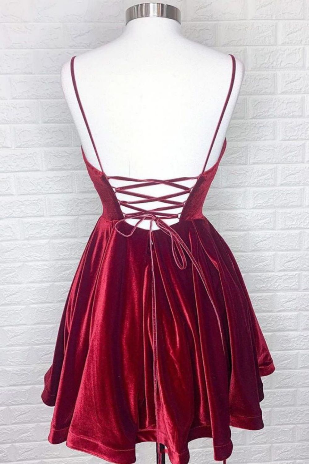A-line Velvet Burgundy Spaghetti Straps Homecoming Dress