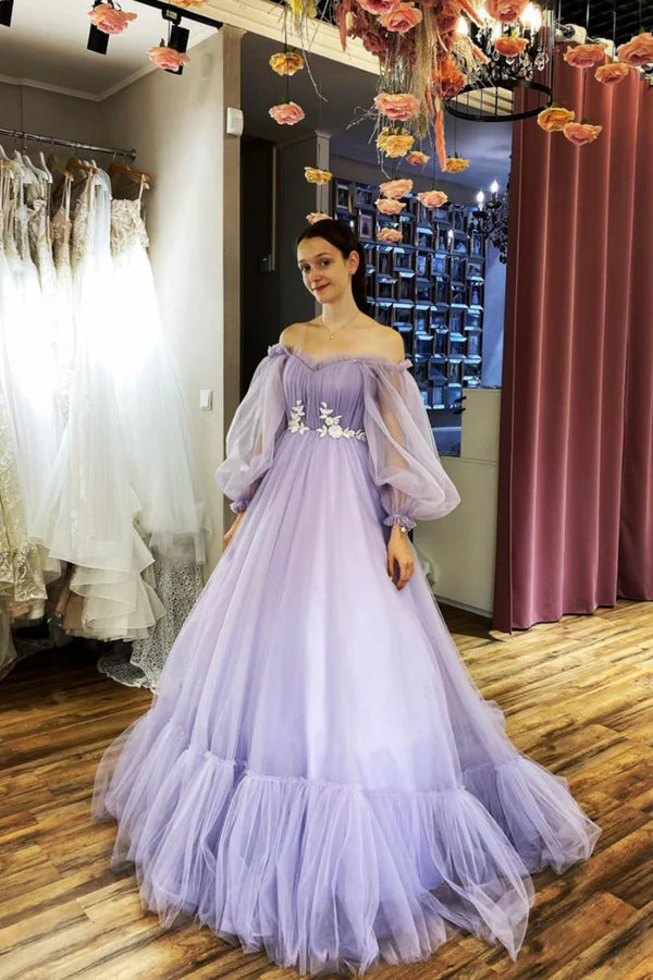 Purple Tulle Lace Long A-Line Prom Dress Off the Shoulder Evening Dress