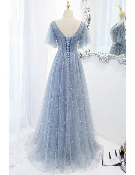 Flowy Long Tulle Aline Prom Dress with Beadings