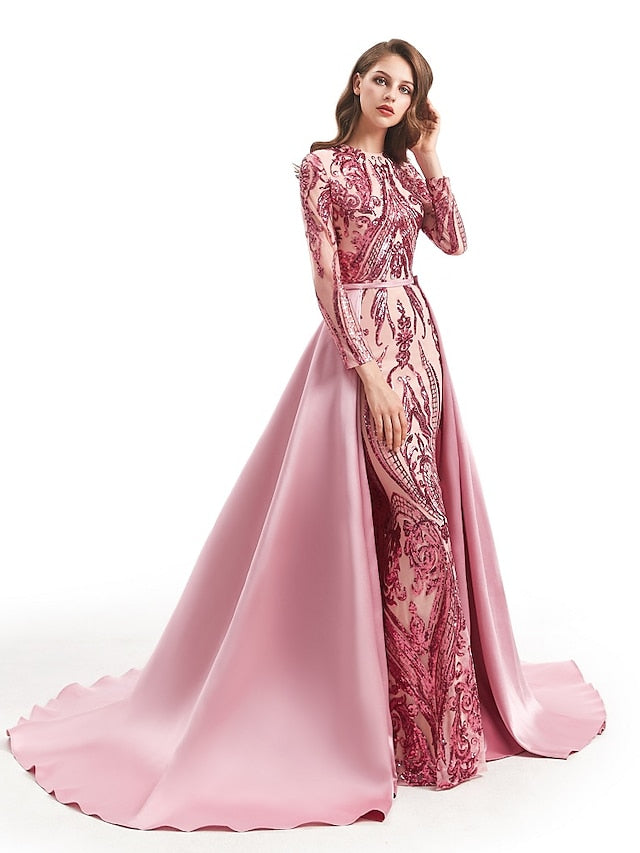 Mermaid Party Dress Evening Gown Luxurious Dress Carnival Wedding Guest Court Train Long Sleeve Jewel Neck Detachable Satin with Sequin Overskirt Pattern / Print