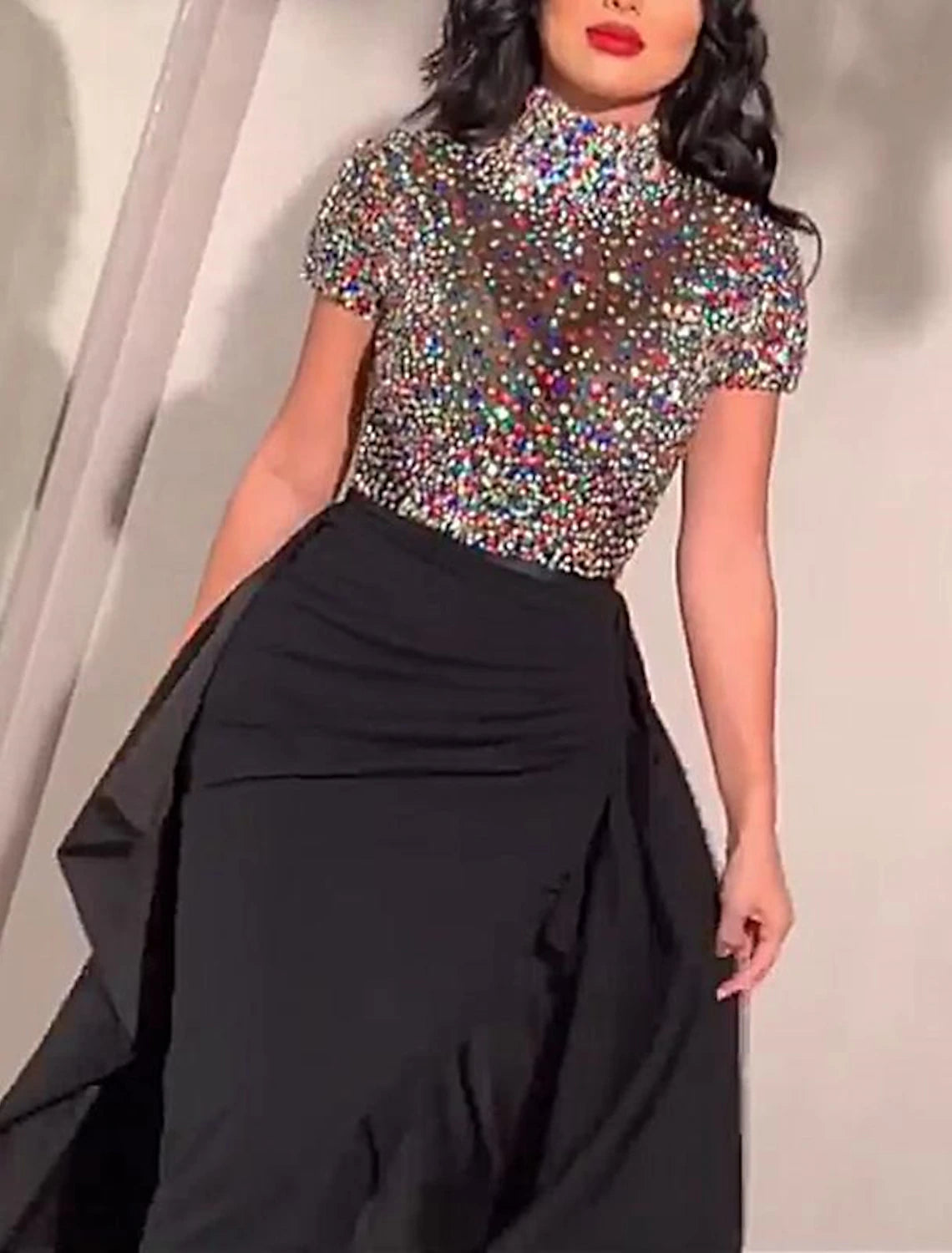 Women's Black Sequin Dress Prom Dress Party Dress Sparkly Dress Long Dress Maxi Dress Black Short Sleeve Color Block Summer Spring Fall Turtleneck Fashion Evening