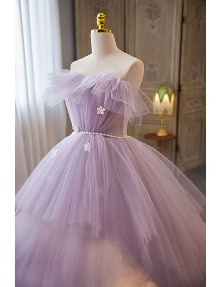 Fairytale Purple Tulle Puffy Ballgown Prom Dress with Train