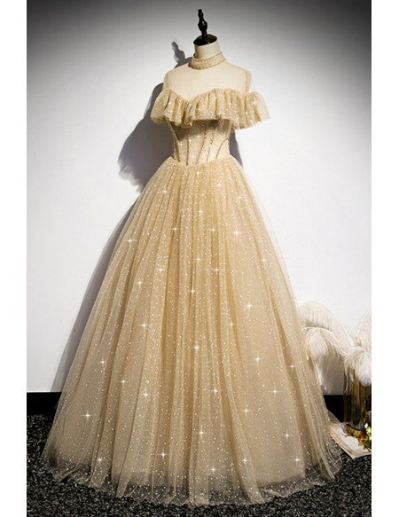 Fantasy Sparkly Gold Ballgown Prom Dress with Beaded High Neck