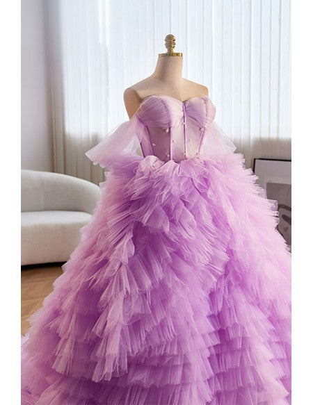 Purple Puffy Tulle Ballgown Prom Dress Off Shoulder with Ruffles