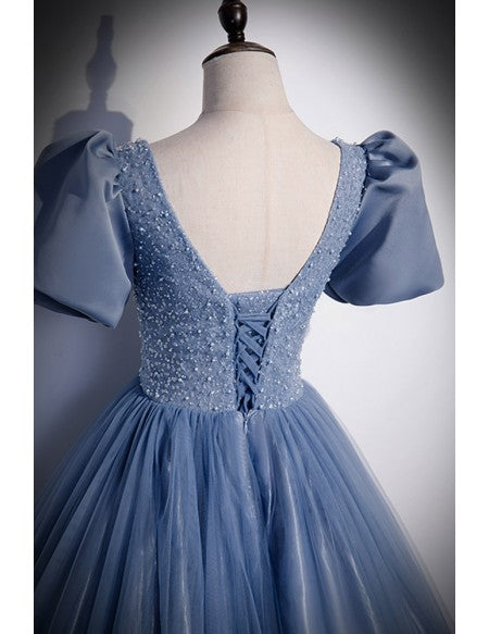 Princess Blue Ballgown Long Tulle Prom Dress with Sequined Top