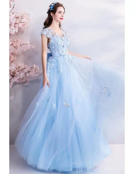 Fairy Blue Long Tulle Prom Dress A Line With Butterflies Cap Sleeves