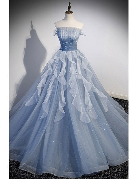 Fantasy Ruffled Blue Tulle Ballgown Prom Dress with Off Shoulder Long Sleeves
