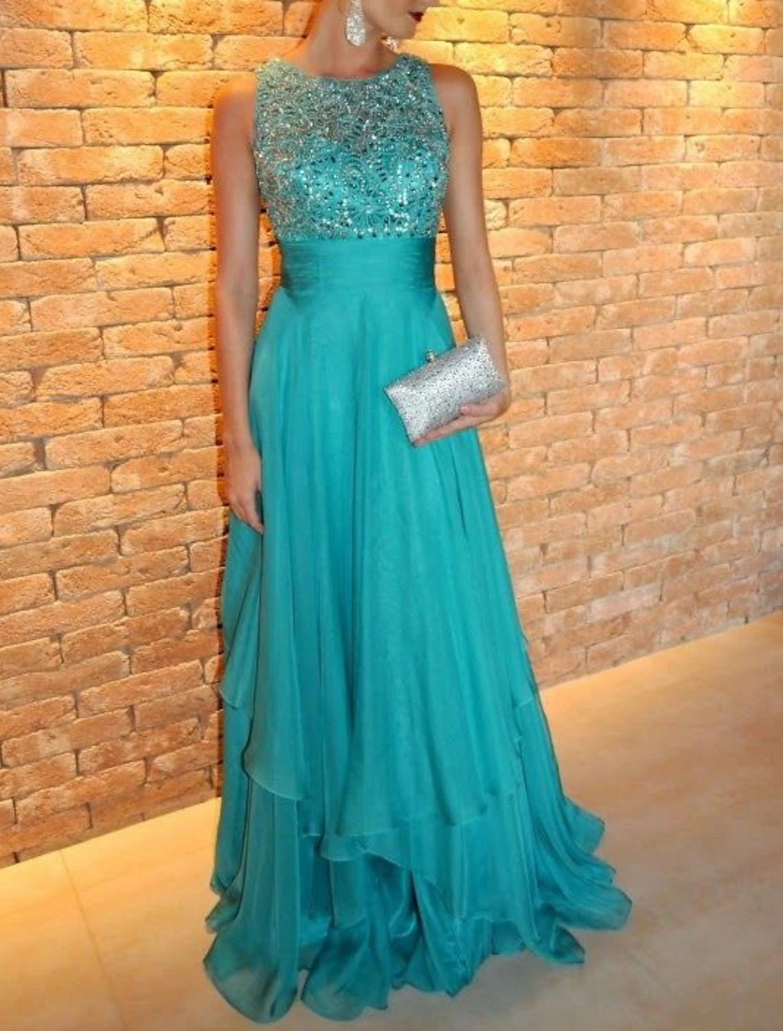 A-Line Evening Gown Elegant Dress Formal Wedding Guest Sweep / Brush Train Sleeveless Jewel Neck Chiffon with Rhinestone