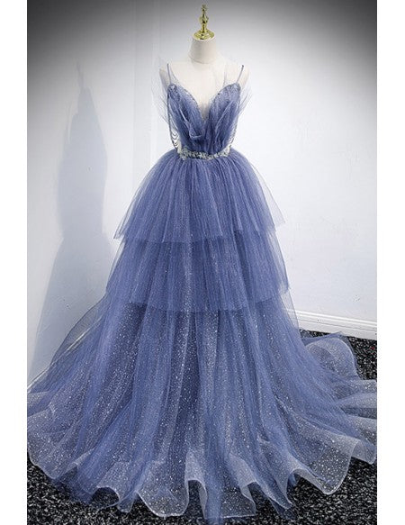 Stunning Ballgown Ruffled Tulle Long Prom Dress with Train