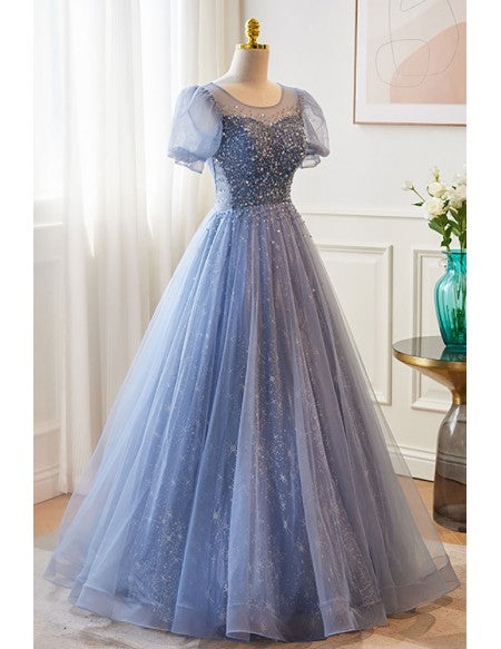 Modest Blue Bubble Sleeved Ballgown Prom Dress with Sequins