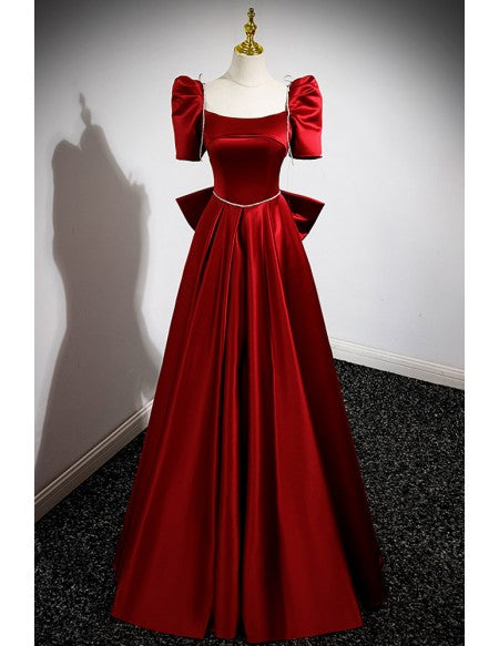 Formal Burgundy Satin Aline Long Evening Dress Square Neck with Big Bow In Back