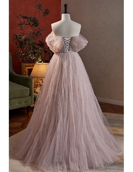 Dreamy Tulle And Bling Sequins Prom Dress Off Shoulder