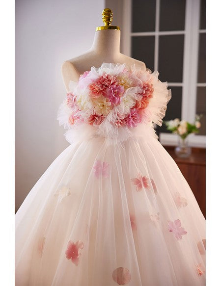 Strapless Ballgown Lovely Flowers Prom Dress with Train