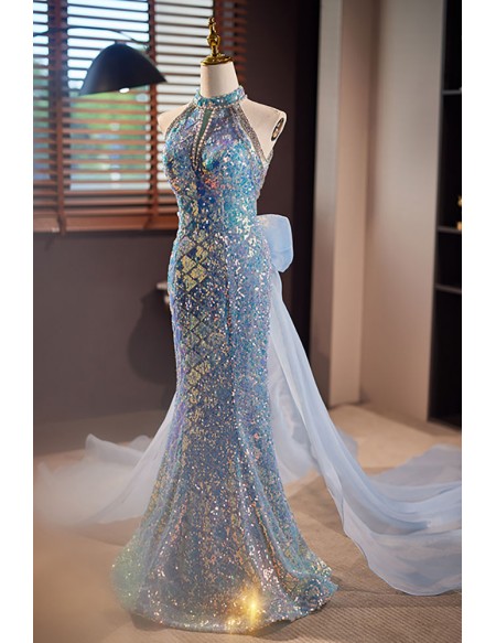 Sparkly Mermaid Long Halter Blue Prom Dress with Big Bow Long Train