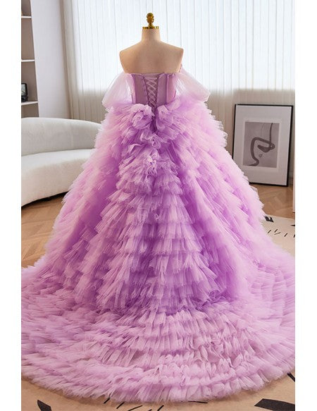 Purple Puffy Tulle Ballgown Prom Dress Off Shoulder with Ruffles