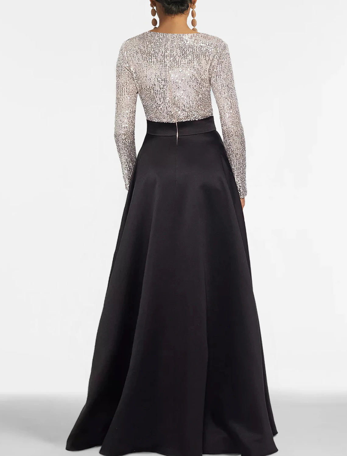 A-Line Evening Gown Elegant Dress Formal Floor Length Long Sleeve V Neck Fall Wedding Guest Satin with Sequin