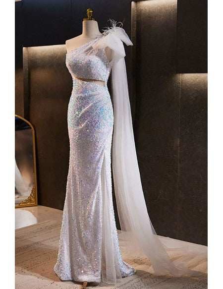 Goddess Bling Sequined Split Front Prom Dress with One Shoulder