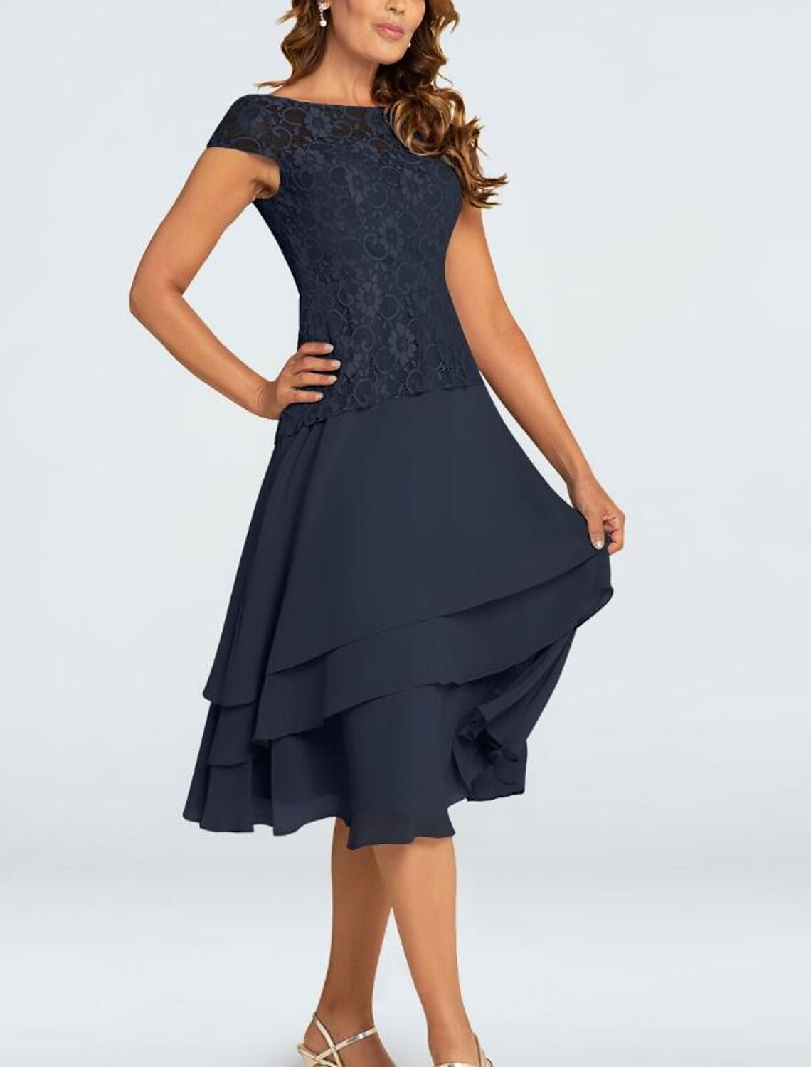 A-Line Mother of the Bride Dress Plus Size Jewel Neck Tea Length Chiffon Short Sleeve with Lace Tier