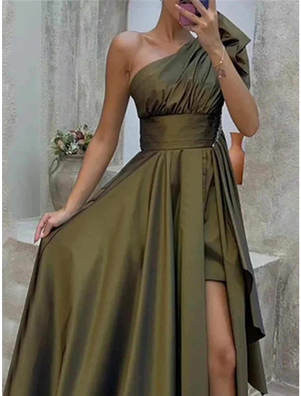 Women's Prom Dress Party Dress Satin Dress Long Dress Maxi Dress Army Green Sleeveless Pure Color Ruffle Spring Fall Winter One Shoulder Fashion Winter Dress Evening Party Wedding Guest