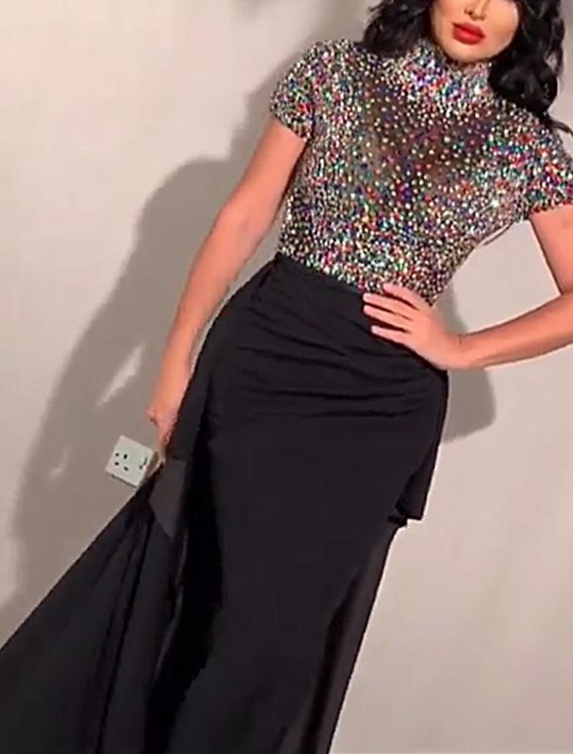 Women's Black Sequin Dress Prom Dress Party Dress Sparkly Dress Long Dress Maxi Dress Black Short Sleeve Color Block Summer Spring Fall Turtleneck Fashion Evening