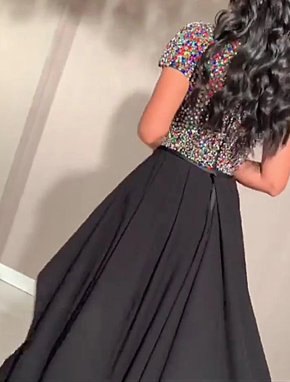 Women's Black Sequin Dress Prom Dress Party Dress Sparkly Dress Long Dress Maxi Dress Black Short Sleeve Color Block Summer Spring Fall Turtleneck Fashion Evening