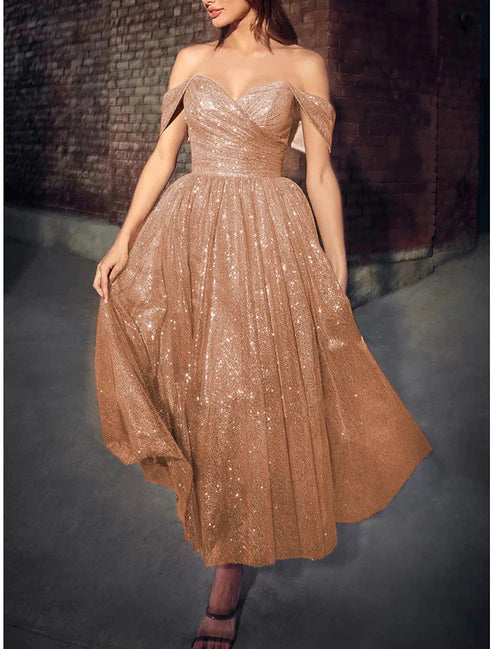 Women's Sequin Dress Prom Dress Party Dress Long Dress Maxi Dress Champagne Short Sleeve Plain Sequins Summer Spring Fall Off Shoulder Elegant Wedding Guest Evening Party Vacation