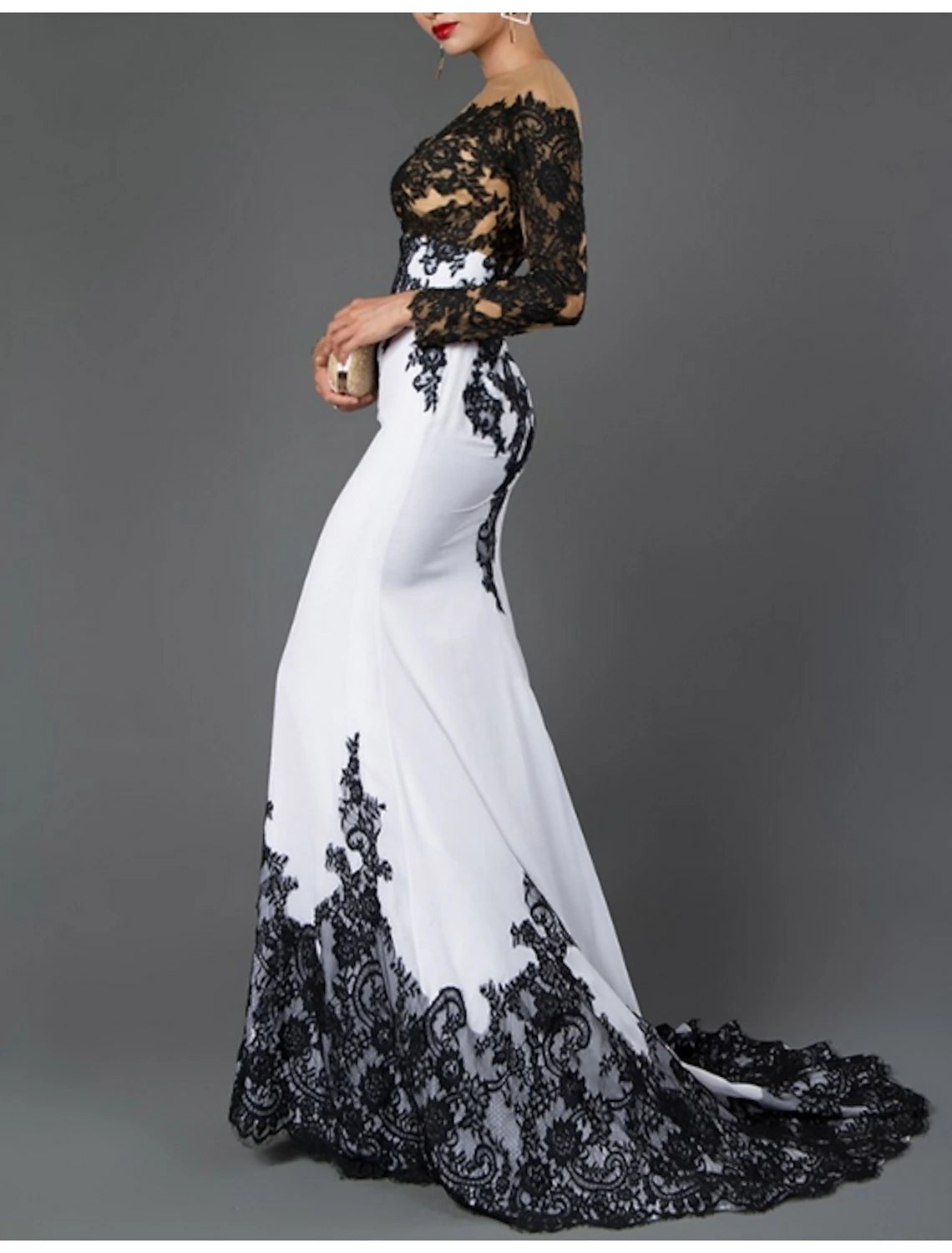 Mermaid Black Dress Color Block Formal Evening Dress Off Shoulder Long Sleeve Sweep / Brush Train Polyester with Lace Insert