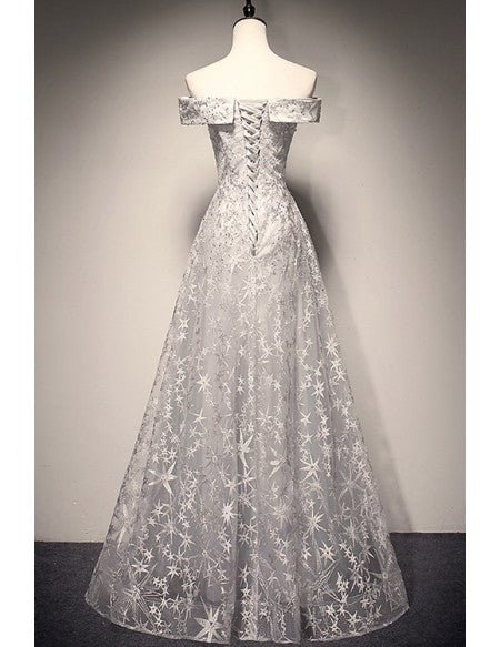 Off Shoulder Grey Stars Lace Long Prom Dress