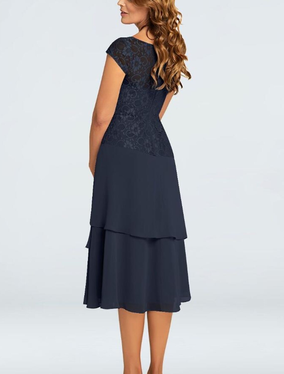 A-Line Mother of the Bride Dress Plus Size Jewel Neck Tea Length Chiffon Short Sleeve with Lace Tier