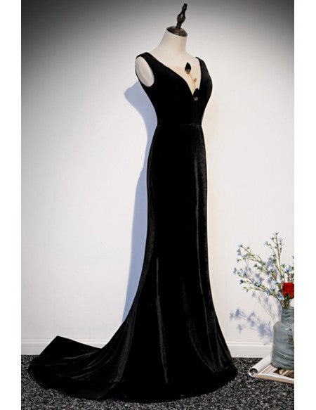 Slim Fit Black Mermaid Velvet Evening Dress Double Vneck